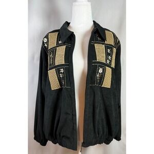 Alfred Dunner Petite 16P Black Faux Suede Embroidered Tan/Gold Patchwork Bomber